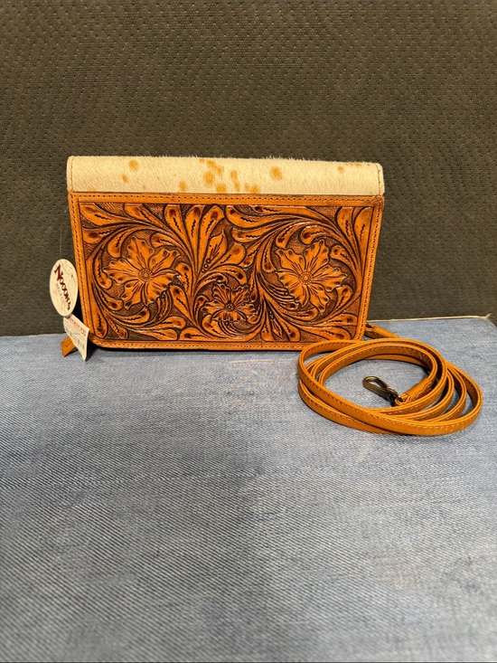 Nocona Handbags - Nocona Tooled Leather Crossbody in Tan with Cream Hair-On Accent